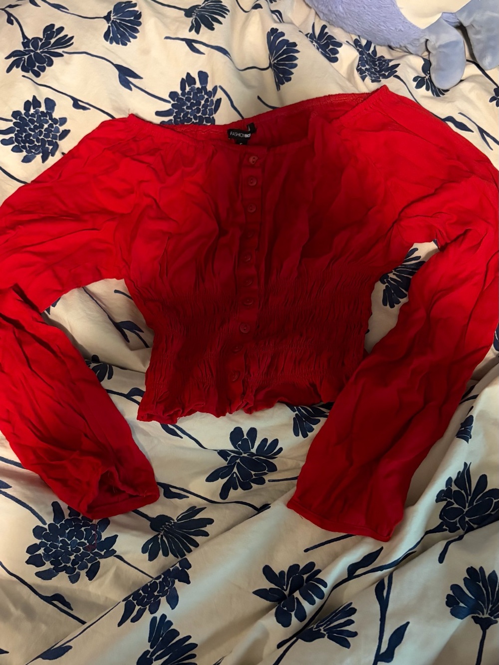Fashion Nova Red Smocked Button-Front Long Sleeve Blouse
